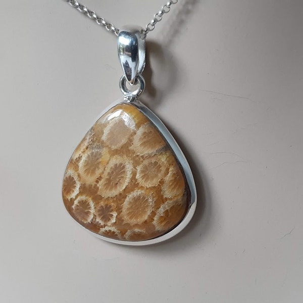 Fossil coral pendant, handmade, set in 92.5 sterling silver, silver chain option