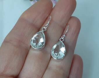Crystal quartz earrings, faceted, teardrop, set in 92.5 sterling silver, ear hook option *