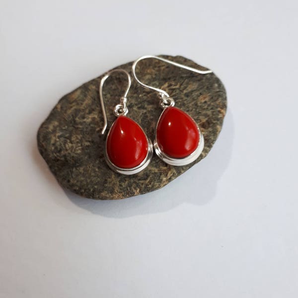 Coral  earrings, 92.5 sterling silver, teardrop shape *ear hook option