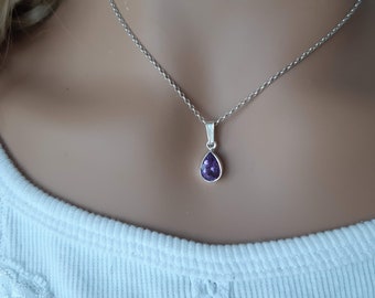 Amethyst pendant, purple, faceted, teardrop shape, set in 92.5 sterling silver, silver chain option, February birthstone