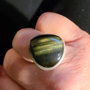 Large black tiger eye ring; size 7 (US/Candian size), set in 92.5,sterling silver, large handmade black tiger eye ring