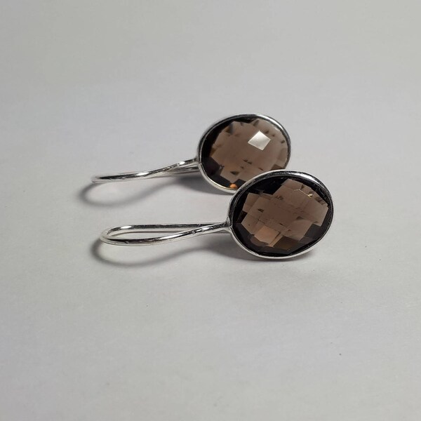 Smoky quartz earrings set in sterling silver, faceted gemstone @