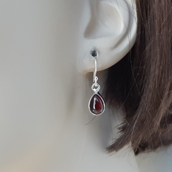 Silver garnet earrings, 92.5 sterling silver; teardrop shaped gemstone January birthstone, ear hook option *