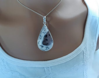 Dendritic Agate Teardrop Pendant: Exquisite Unique Jewelry in 92.5 Sterling Silver