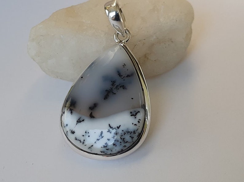 silver chain option unique Dendritic agate pendant beautiful teardrop pendant set in 92.5 sterling silver