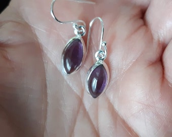 Amethyst earrings, marquise shape, set in 92.5 sterling silver, February birthstone, ear hook option *