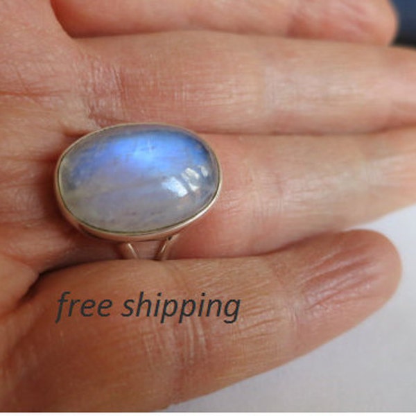 Large rainbow moonstone ring; size 9; set in 92.5 sterling silver