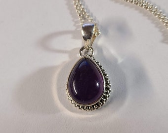 Amethyst pendant, purple , set in 92.5 sterling silver, teardrop, handmade, sterling silver chain option, Febuary birthstone