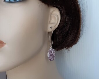 Long lepidolite earrings, 92.5 sterling silver, unique handmade earrings, real gemstone