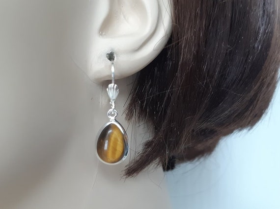 Tiger Eye Sterling Silver Faceted Gemstone Teardrop Lever Back Earrings