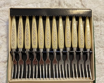 Appetizer Forks Set of 12 Fruit Forks Hors d'oeuvre Utensils, Cheese Fork, Party Serving Flatware Host Gift. 1950s Partyware, MCM