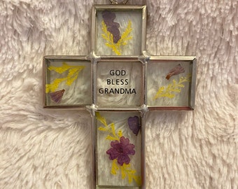 Glass Cross God Bless Grandma with Pressed Flowers Ornament 3" x 2.5”