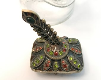 Enameled Trinket Box with Rhinestones, Olive Green Metal Ring Box.