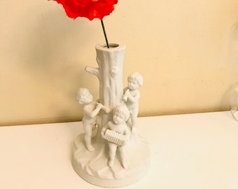 Vintage Bisque Porcelain Cherubs Flower Vase.