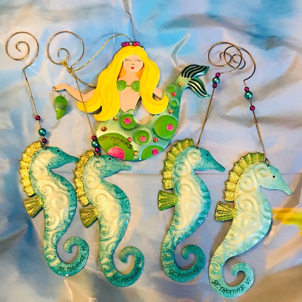 Vintage St. Thomas VI Tin Mermaid and Sea Horses Ornaments.