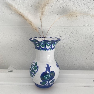 Vintage Hand Painted Ceramic Ruffle Vase with  Blue Flowers and Bird  Fajalauza Design