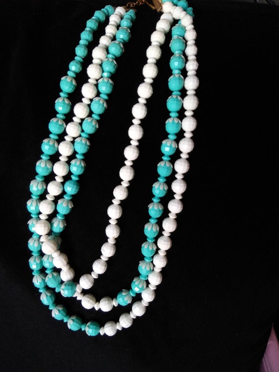 Vintage Turquoise and White Necklace, Plastic Bead