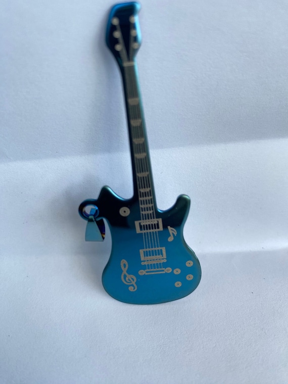 Stainless Steel Blue Guitar Pendant, Music Jewelr… - image 1