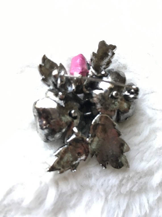 Vintage Rose Floral Black Metal Brooch with Rhine… - image 3