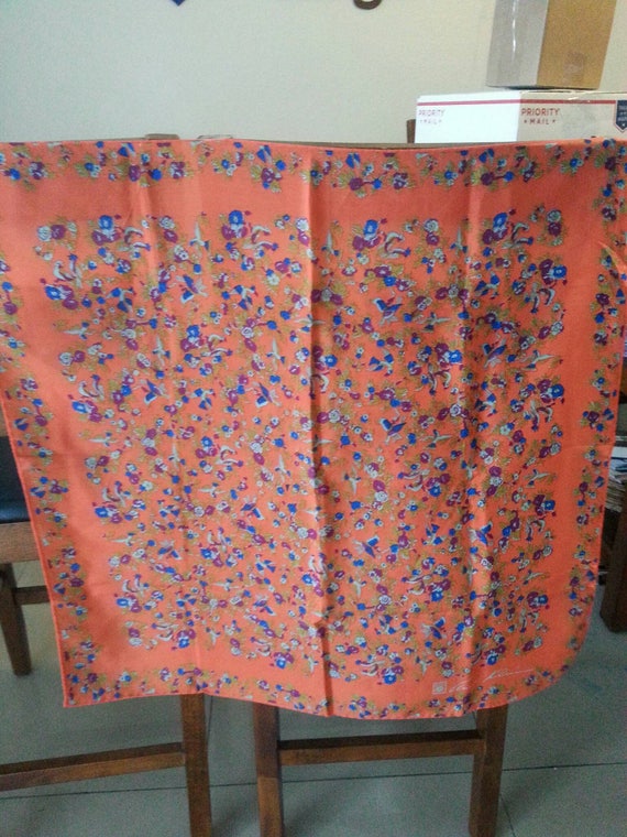 Anne Klein Signed Orange Silk Scarf with Birds and