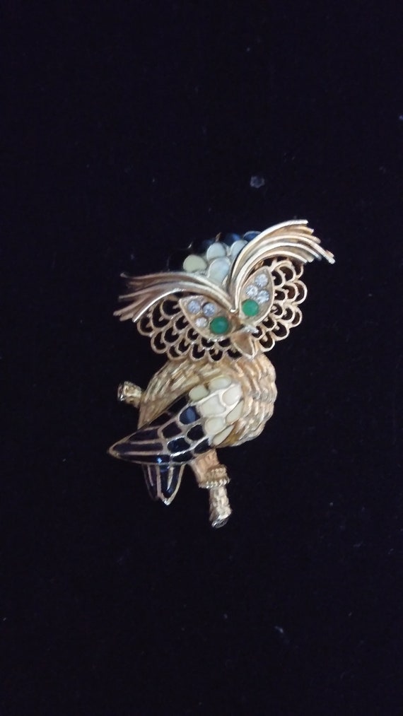 Florenza Vintage Owl Brooch Gold Plated Enamel Rh… - image 4