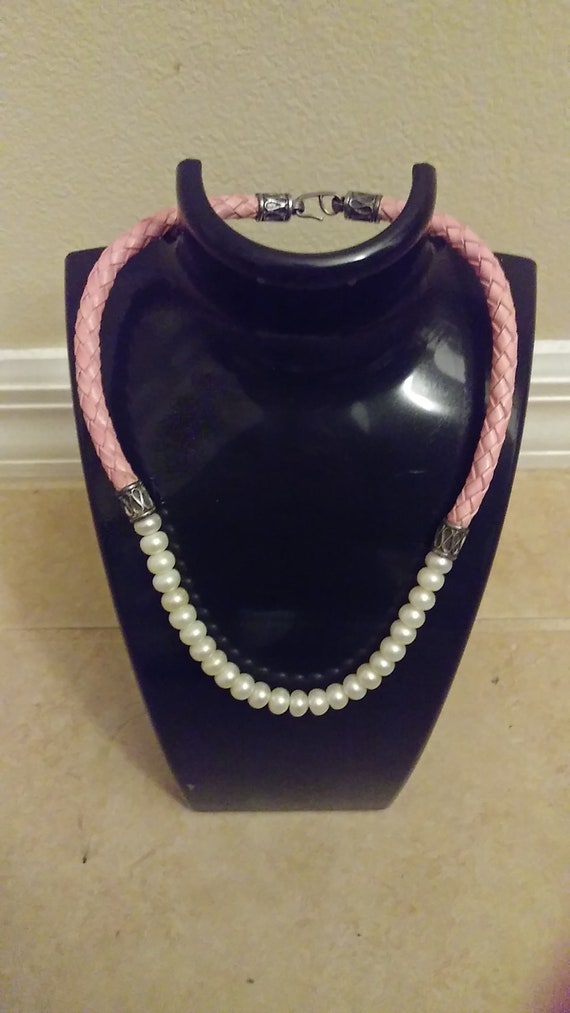Vintage Pink Leather and Faux Pearls Sterling Silv