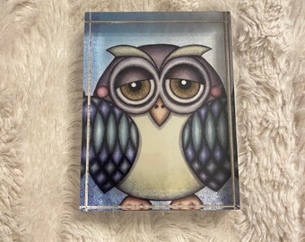 Lucite Owl Paperweight, Office Decoration.