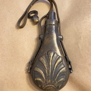 Antique Mid 1800s Era Style Brass And Zinc Powder Collectible Flask.