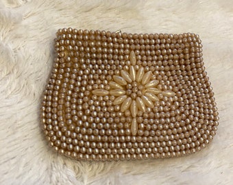 Nobility Vintage Beige Mini Pearl Beaded Zip Top Evening Coin Purse Clutch. Japan.