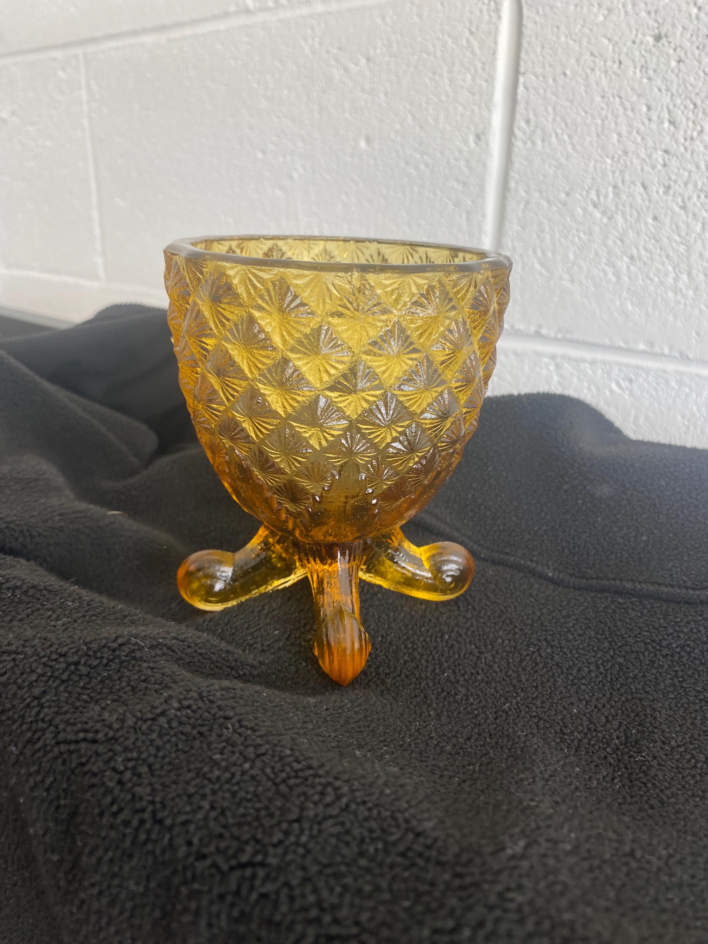Vintage Yellow Glass Pedestal Vase Jar with 4 Legs, Diamond Texture Vase.