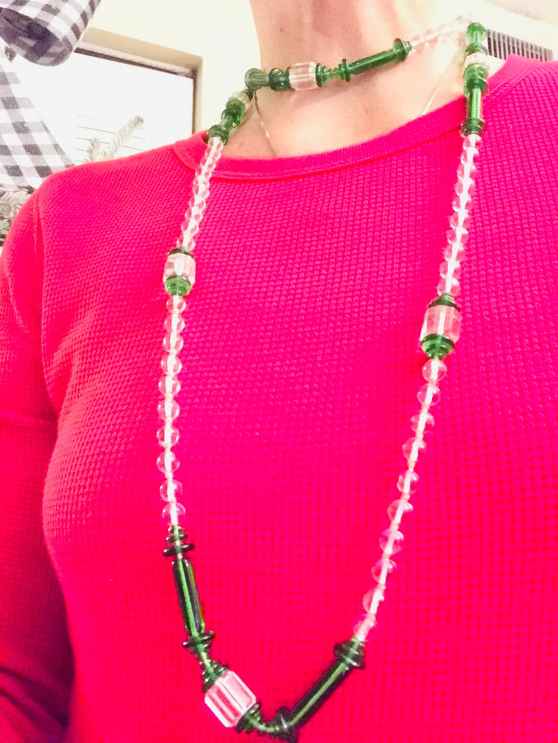 Vintage Green and Clear Long Glass Beads Necklace. Etsy