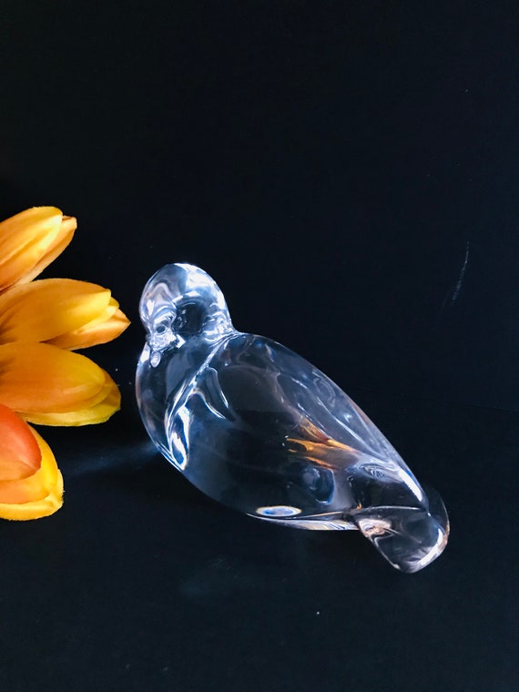 Vintage Signed Val St Lambert Clear Crystal Bird Paperweight Home Decor 