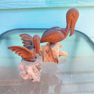 Vintage Pair of Hand Carved on Driftwood Pelican Figurines, Nautical Decoration. 2 pcs.