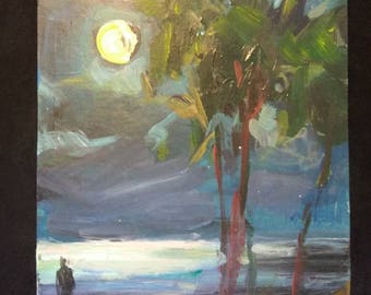 Signed Ihor Korotash Beach Moon Acrylic Unframed Art Painting. 7.5" x 10.5"