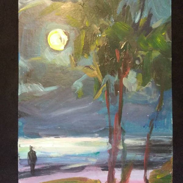 Signed Ihor Korotash Beach Moon Acrylic Unframed Art Painting. 7.5" x 10.5"