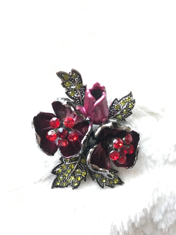 Vintage Rose Floral Black Metal Brooch with Rhine… - image 1