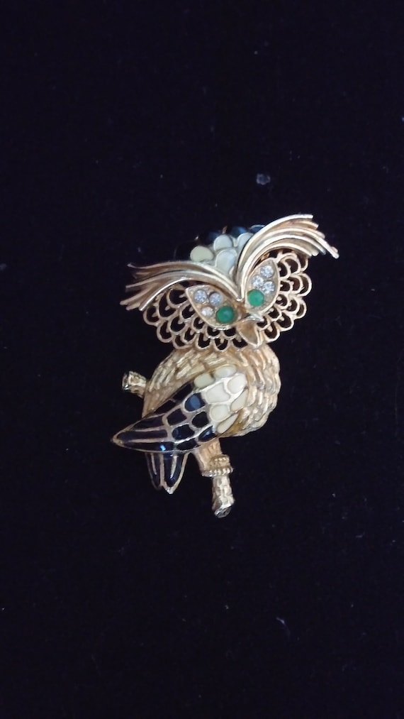 Florenza Vintage Owl Brooch Gold Plated Enamel Rh… - image 1