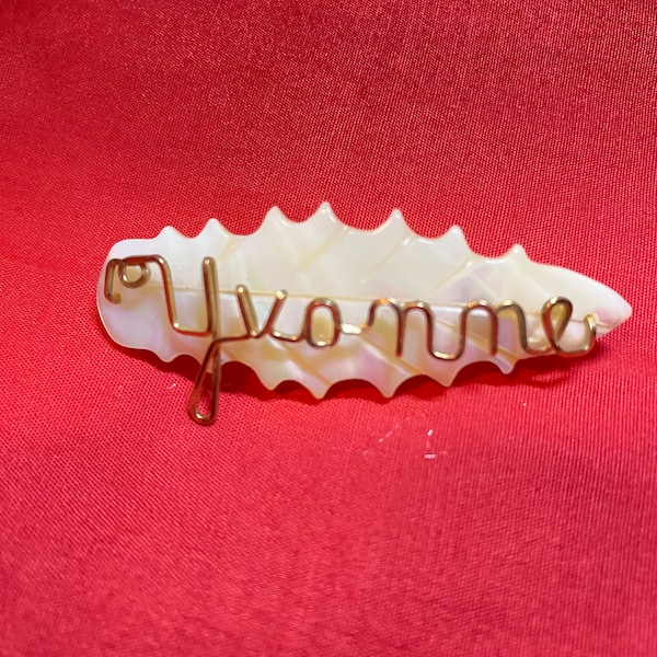 Vintage Leaf Shape Carved Shell Brooch with 24k Wired Name Yvonne.
