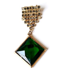 Vintage Custom Gold Tone Triangular Brooch with Green Cabochon and Rhinestones.