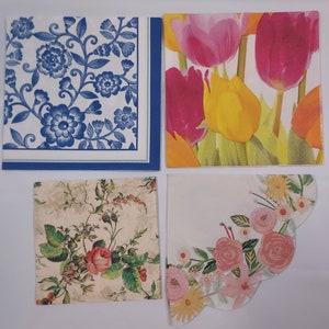 Set of 8 Floral Themed Napkins for Decoupage / Junk Journal Embellishments / Recycled Bookpage Pockets / Journal Pockets / Collaging Supply