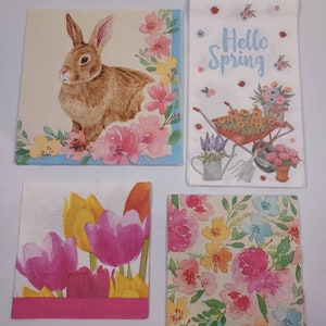 Set of 8 Spring Themed Napkins for Decoupage / Junk Journal Embellishments / Recycled Bookpage Pockets / Journal Pockets / Collaging Supply