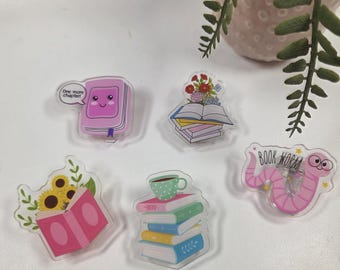 Set of 5 Book Worm Single Sided Acrylic Clips /Acrylic Bookmarks / Junk Journal Clips / School Supplies / Stationary