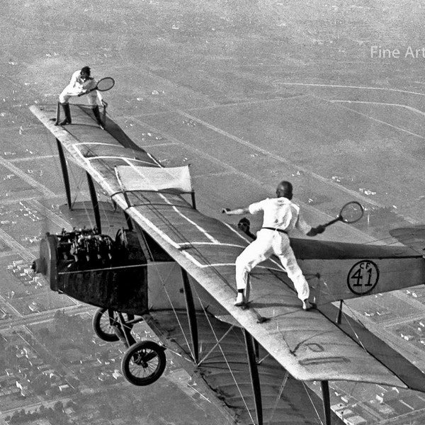 Photo of Tennis Players in Flight, 1925 | Vintage Photo Print | Fine Art | Stunt | Airplane | Wall Art | Home Decor | Gift | 1920s | Sports