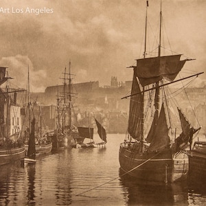 Frank Meadows Sutcliffe Photo &quot;Dock End, Whitby, England&quot; 1880 | Vintage Photo Print | Ships | Sails | Boats | Sepia | Wall Art | Decor