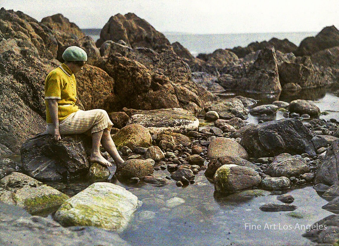 Gustave Gain autochrome photo, Woman at oceanside on rocks | Fine Art Print | Vintage Photograph | Early Color Photography | Lumiere