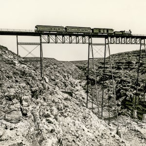 John K. Hillers Photo, "Santa Fe Railroad Over Canyon Diabolo" 1871 | Fine Art Print | Vintage Photograph | 19th Century | Train | Bridge