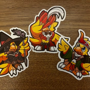 May include: Three yellow and orange cartoon bird stickers with different outfits. One is wearing a red and black outfit with a feather in its hat, another is wearing a black and red outfit with a witch's hat, and the last one is wearing a green and brown outfit with a headband.