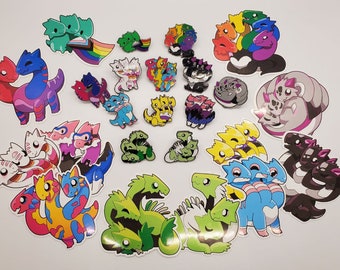 FULL SET: Prydra - Cute LGBTQ+ Hydra Hard Enamel Pride Flag Pins and Stickers + Bonus Holographic Sticker