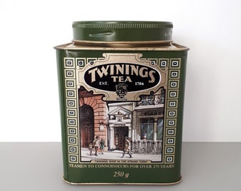 DutchJunkYard- Twinings Special Breakfast Tea Latta VUOTA nei colori verde e oro, contenitore per il tè in metallo, contenitore quadrato - Inghilterra anni '80
