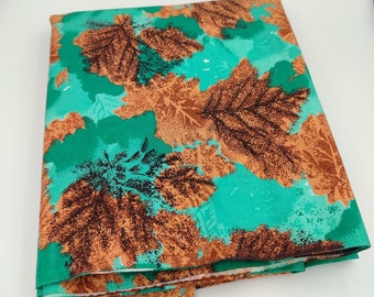 Emerald green and brown abstract leaf cotton fabric, vintage cotton fabric, shirt or dress cotton fabric